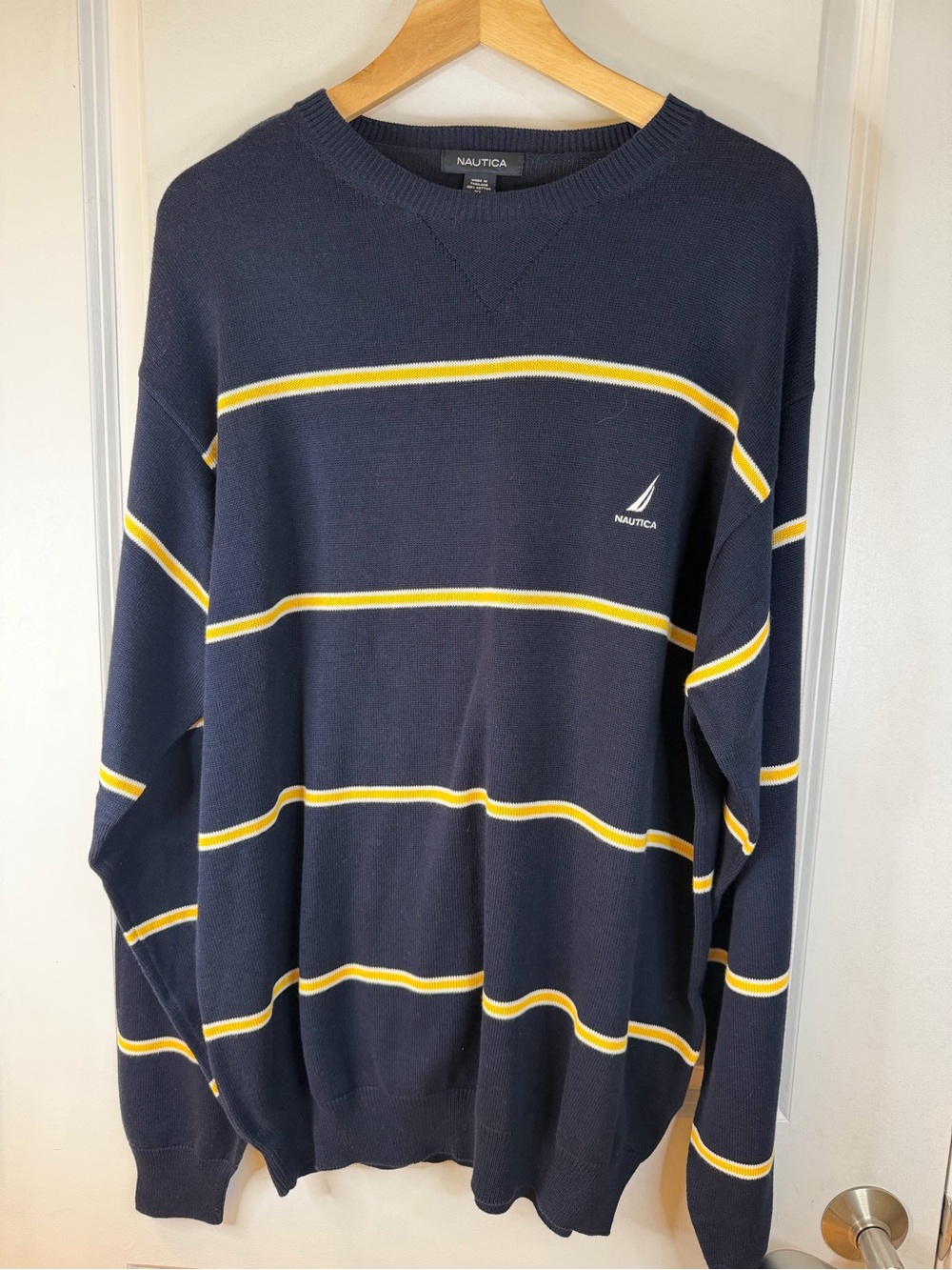 Vintage Nautica Men’s Navy Blue Striped Crewneck Sweater, size XL